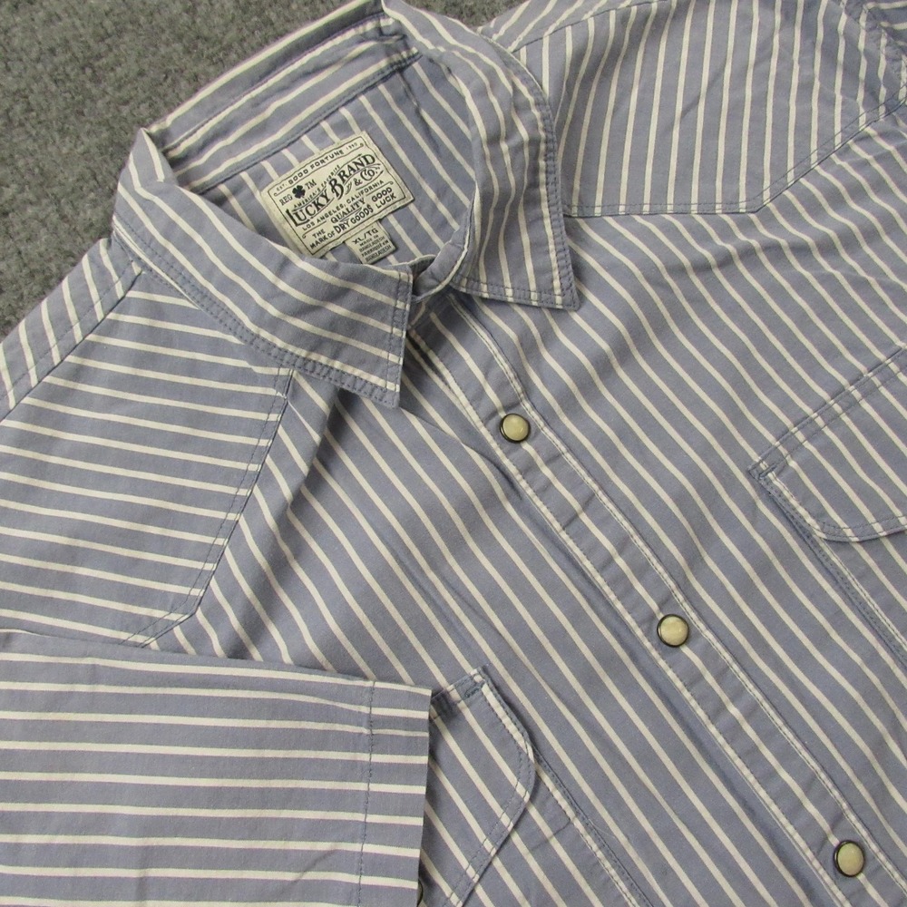 Lucky Brand Shirt Mens XL Blue White‎ Striped Western Pearl Snap Short Sleeve XL